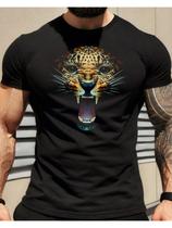 Camiseta Masculina Leopardo Raivoso em Algodão Preto - Estilo Agressivo