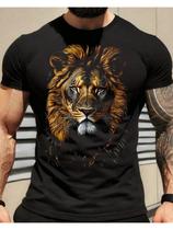 Camiseta Masculina Majestade - Estampa de Leão Realista em Algodão Preto
