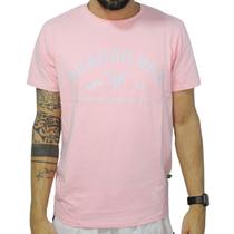 Camiseta Masculina Malha Peruana Estampada Gola Careca Rosa Duagro