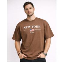 Camiseta Masculina Oversized Malha Algodão Plus Size Estampa New York