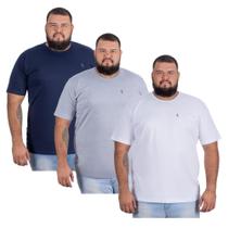 Camiseta Masculina Plus Size Kit 3 Pç Azul Cinza e Branco