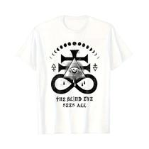 Camiseta Masculina Preta Vintage Com Estampa De Cruz Satânica Pagã E Olho Que Tudo Vê, Gola Redonda,