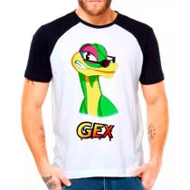 Camiseta Masculina Raglan Branca Gex Jacaré jogos games Camiseta Masculina Raglan Branca Gex Jacaré jogos games