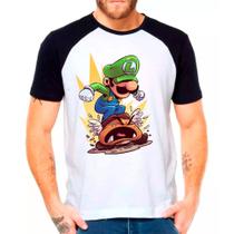 Camiseta Masculina Raglan Branca Luigi Super Mario 02 - DESIGN CAMISETAS
