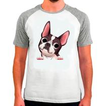 Camiseta Masculina Raglan Cinza Branco Buldog Francês 12