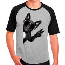 Camiseta Masculina Raglan Cinza Preto Buldog Francês 01