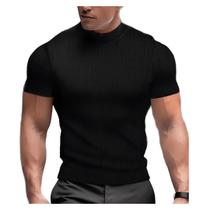 Camiseta Masculina Slim Canelada Gola Alta Manga Curta Camiseta Masculina Slim Canelada Gola Alta Manga Curta