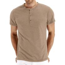 Camiseta Masculina Slim Fit De Algodão Com Gola Henley, Design Moderno, Manga Curta, Cor Sólida