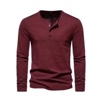 Camiseta Masculina Slim Fit De Manga Comprida, Algodão, Com Botões No Pescoço, Casual, Fitness