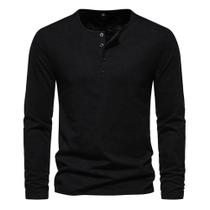 Camiseta Masculina Slim Fit De Manga Comprida Em Algodão Com Botões No Pescoço, Casual, Para