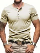 Camiseta Masculina Slim Fit De Manga Curta Com Gola Henley Em Cor Sólida Casual Confortável Para