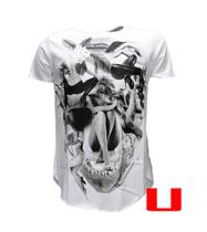 Camiseta Masculina Slim Fit Semi Long Caveira Floral com Mulher-Algodão Penteado Encorpado Premium