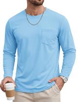 Camiseta masculina TACVASEN, manga comprida, bolso, gola redonda, azul celeste Camiseta masculina TACVASEN, manga comprida, bolso, gola redonda, azul celeste