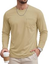 Camiseta masculina TACVASEN, manga comprida, bolso, gola redonda, cáqui Camiseta masculina TACVASEN, manga comprida, bolso, gola redonda, cáqui