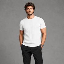 Camiseta Masculina Texturizada Canelada Gola Alta Slim Premium Manga Curta Casual Social Estilo Old Camiseta Masculina Texturizada Canelada Gola Alta Slim Premium Manga Curta Casual Social Estilo Old