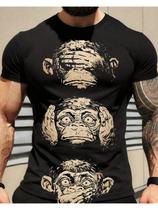 Camiseta Masculina Tradição - Estampa de Três Macacos em Algodão Preto