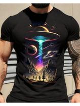 Camiseta Masculina UFO Abdução em Algodão Preto - Design Futurista