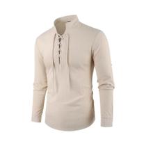 Camiseta Masculina Vintage De Manga Longa Com Decote Em V, Algodão E Linho, Estilo Pirata Medieval