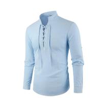 Camiseta Masculina Vintage De Manga Longa Com Decote Em V, Algodão E Linho, Estilo Pirata Medieval