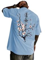 Camiseta masculina WDIRARA com letras japonesas estampada azul XXL Camiseta masculina WDIRARA com letras japonesas estampada azul XXL