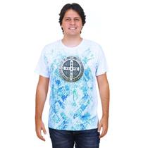 Camiseta Medalha de São Bento DV12094 Detalhes Azul Camiseta Medalha de São Bento DV12094 Detalhes Azul