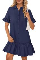 Camiseta MEROKEETY Summer Button Down Ruffle Navy Women