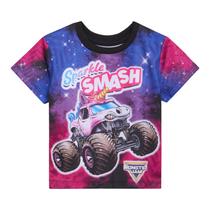 Camiseta Monster Jam Sparkle Smash Monster Truck roxa/azul