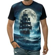 Camiseta Navio Mar Noite Lua Cheia Oceano Tempestade Arte Camiseta Navio Mar Noite Lua Cheia Oceano Tempestade Arte