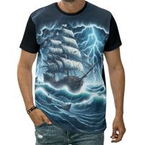 Camiseta Navio Mar Noite Lua Cheia Oceano Tempestade