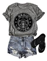 Camiseta OUNAR Basic Witch Coffee para mulheres com estampa de Halloween Camiseta OUNAR Basic Witch Coffee para mulheres com estampa de Halloween