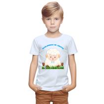 Camiseta Ovelhinhas de Cristo Jesus Ovelha Azul Camisa Personalizada Blusa Infantil e Juvenil Algodão com Poliéster