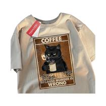 Camiseta Oversized Black Cat Coffee Para Homens E Mulheres, Streetwear De Algodão Respirável