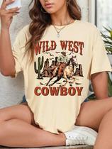 Camiseta oversized de algodão feminino wild west cowboy peão festa top moda tecido premium