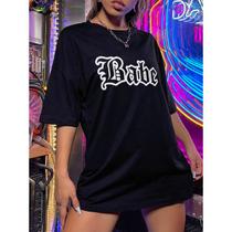 Camiseta Oversized Feminina Babe Larga Preta T-shirt Camiseta Oversized Feminina Babe Larga Preta T-shirt
