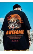 Camiseta Oversized Masculina Awesome Tigre Chinês Estilo De Rua Streetwear Conforto Tecido Premium Camiseta Oversized Masculina Awesome Tigre Chinês Estilo De Rua Streetwear Conforto Tecido Premium