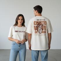 Camiseta Oversized Masculina Feminina Cristã ReV Cristo Vive em Mim Christ Lives in Me Gola Ribana