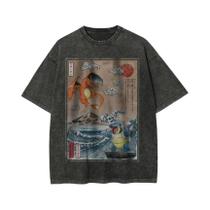 Camiseta Oversized Masculina Paródia Pokémon Starters Abbey Road Vintage Verão Com Lavagem Ácida