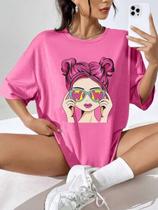 Camiseta Oversized Rosa Chiclete Pink Larga T Shirt Estilosa Blogueira Gola Redonda Poliéster
