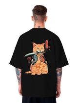 Camiseta Oversized Unissex Gato Samurai Japonês Katana