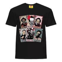 Camiseta Personagens Clássicos de Terror Films Streetwear Masculina Caveira Manga Curta