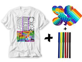 Camiseta Pinte Lave Desenho Popet + Brinquedo Popit + Brinde