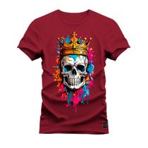 Camiseta Plus Size Agodão T-Shirt Unissex Premium Macia Estampada Caveira Usando Coroa