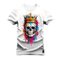 Camiseta Plus Size Agodão T-Shirt Unissex Premium Macia Estampada Caveira Usando Coroa