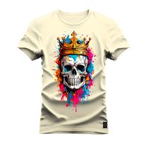 Camiseta Plus Size Agodão T-Shirt Unissex Premium Macia Estampada Caveira Usando Coroa - Nexstar