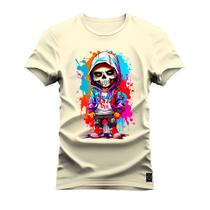 Camiseta Plus Size Algodão 30.1 Premium Estampada Mini Caveira Terror