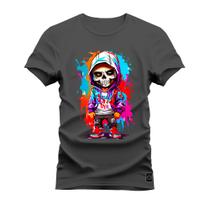 Camiseta Plus Size Algodão 30.1 Premium Estampada Mini Caveira Terror