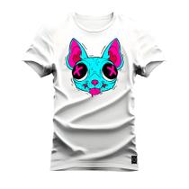 Camiseta Plus Size Algodão Estampada Moda StreetWear Gato Neon