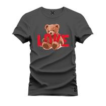 Camiseta Plus Size Casual 100% Algodão Estampada Urso Love Grau