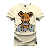 Camiseta Plus Size Casual 100% Algodão Estampada Urso Marrom Boladinho