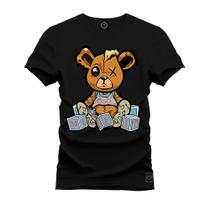 Camiseta Plus Size Casual 100% Algodão Estampada Urso Marrom Boladinho